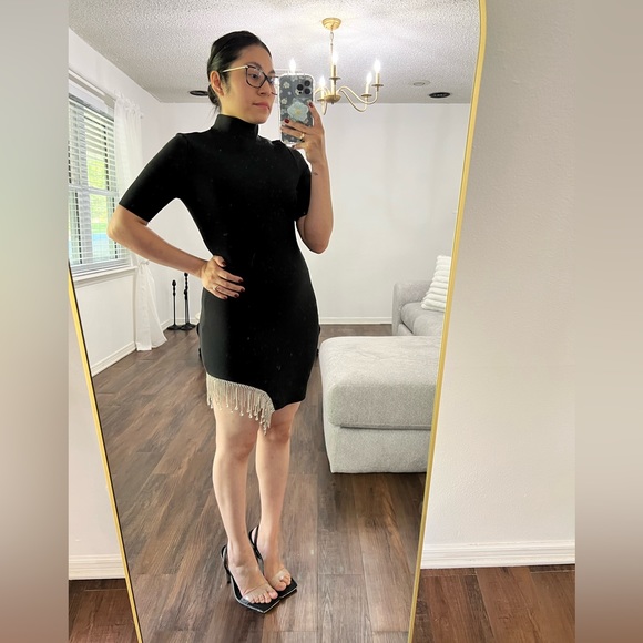 Black Mock-Neck Bandage Bodycon Mini Dress with Rhinestone detail on right side - Picture 6 of 11